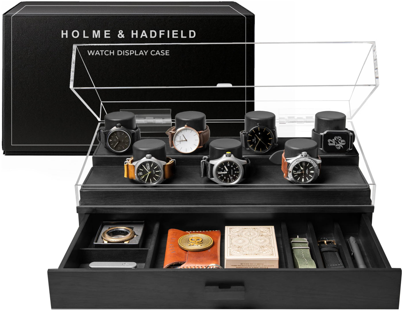 Premium 7 Slot Watch Box for Men - Large Wooden Watch Display Case with Hinged Cover, Leather Lining & Drawer - Watch Holder Organizer Stand - Handcrafted Luxury Father's Day Present for Men