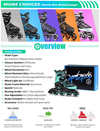 2PM SPORTS Vinal Girls Adjustable Flashing Inline Skates, All Wheels Light Up, Fun Illuminating Skates for Kids Women and Men Adults Boys - Mint Extra Large