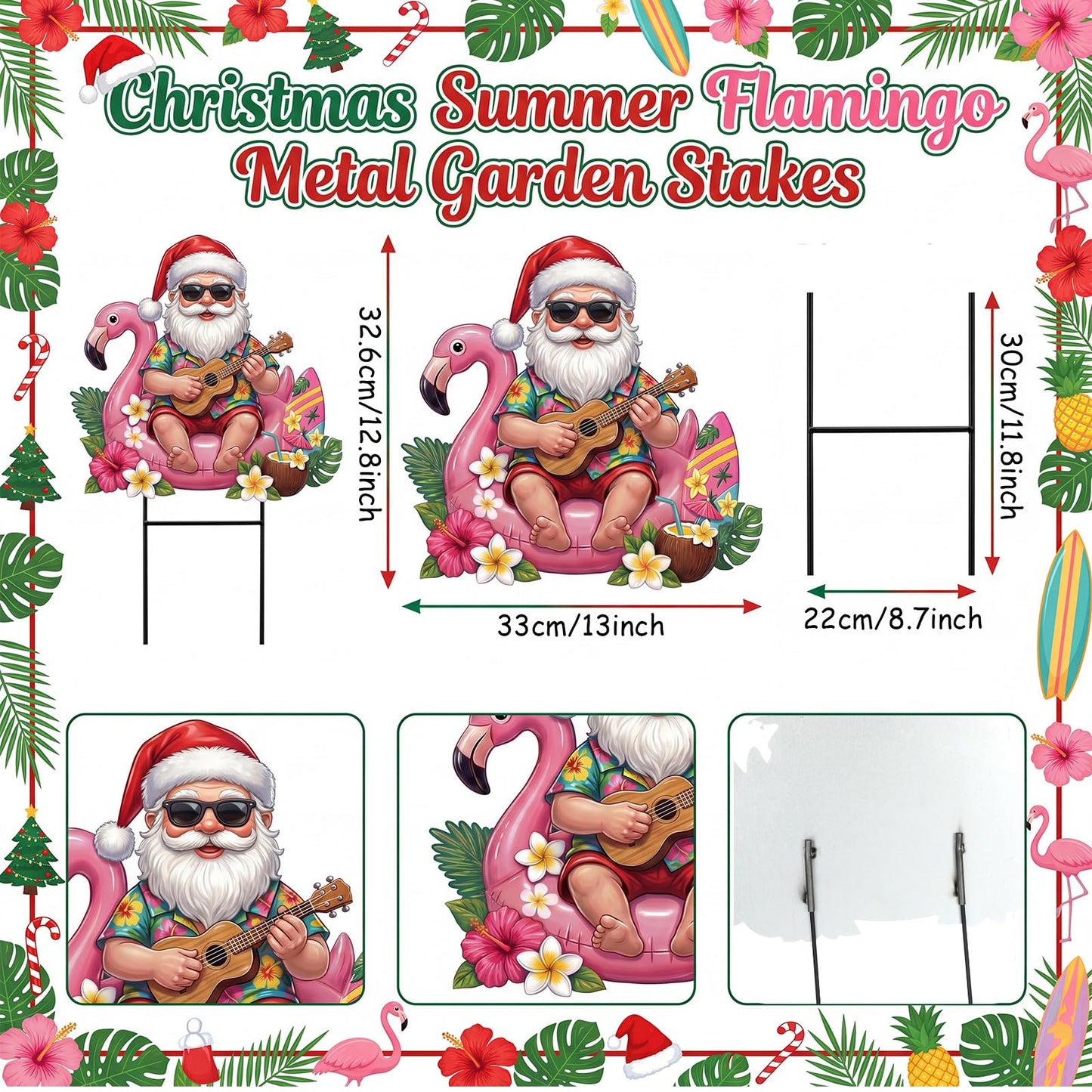 Amyhill July Christmas Outdoor Decor Summer Christmas Metal Yard Sign with Stake Tropical Flamingo Santa Claus Decorative Lawn Sign for Indoor Outside Garden Pathway Walkway Holiday Hawaii Party Decor