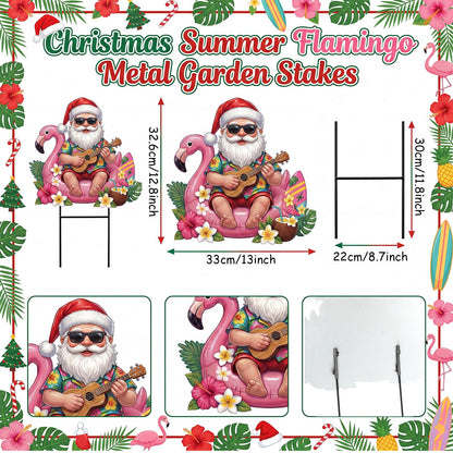 Amyhill July Christmas Outdoor Decor Summer Christmas Metal Yard Sign with Stake Tropical Flamingo Santa Claus Decorative Lawn Sign for Indoor Outside Garden Pathway Walkway Holiday Hawaii Party Decor