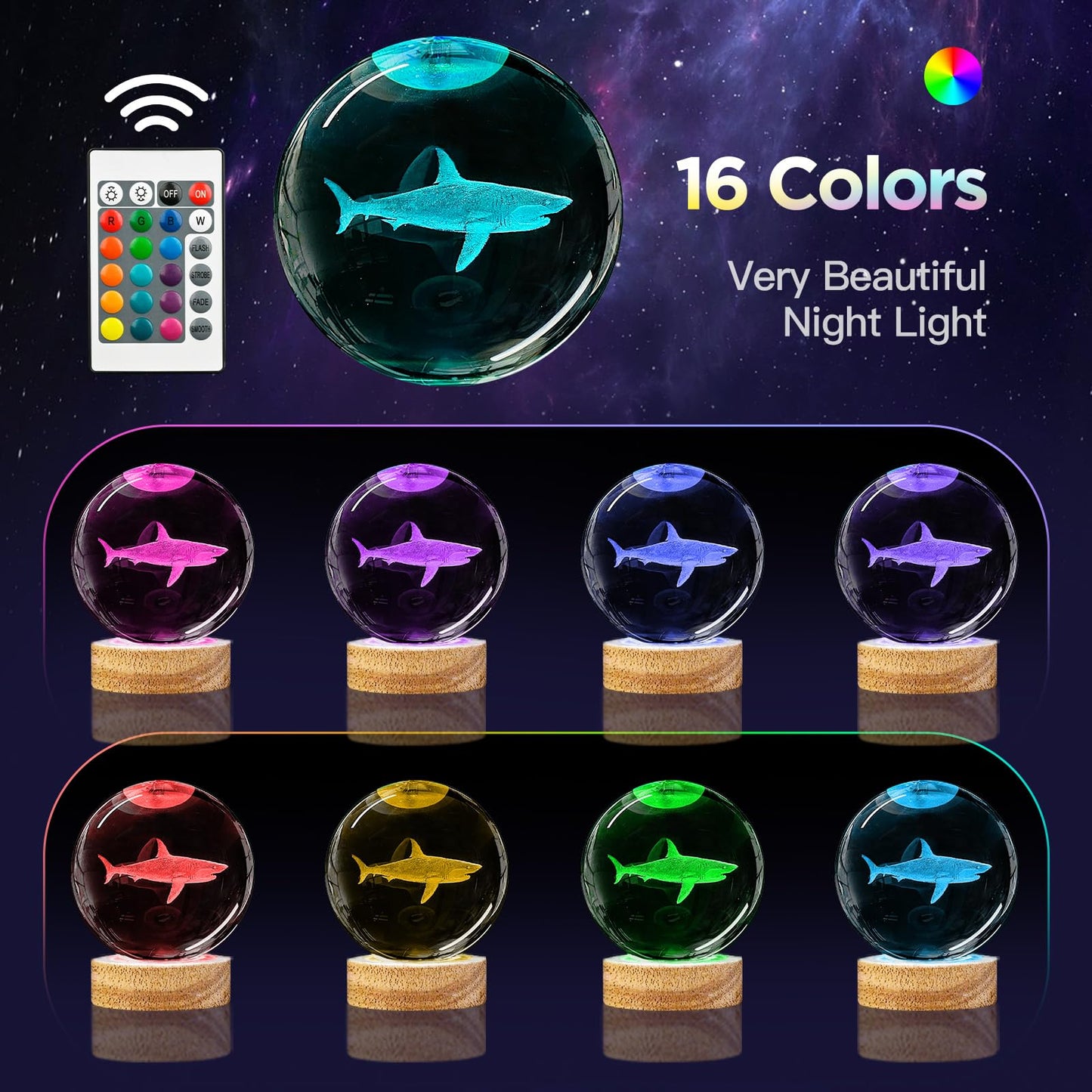 YYLZEPHB 3D Crystal Ball Night Light with Wooden Base, 3.15" Shark Glass Ball Lamp, 16 Colors, Remote Control, Cool Desk Decor