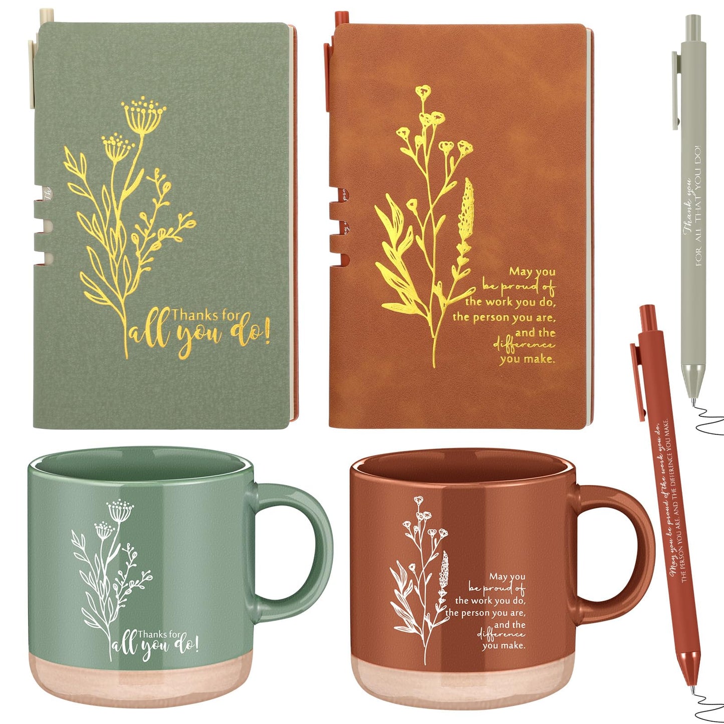 Didaey Employee Appreciation Gifts Set 13oz Boho Floral Ceramics Coffee Mugs with A6 Leather Notebooks Ballpoint Pens Bulk Teacher Thank You Gift for Volunteer Coworkers Staff Nurse(2 Sets,2 Colors)