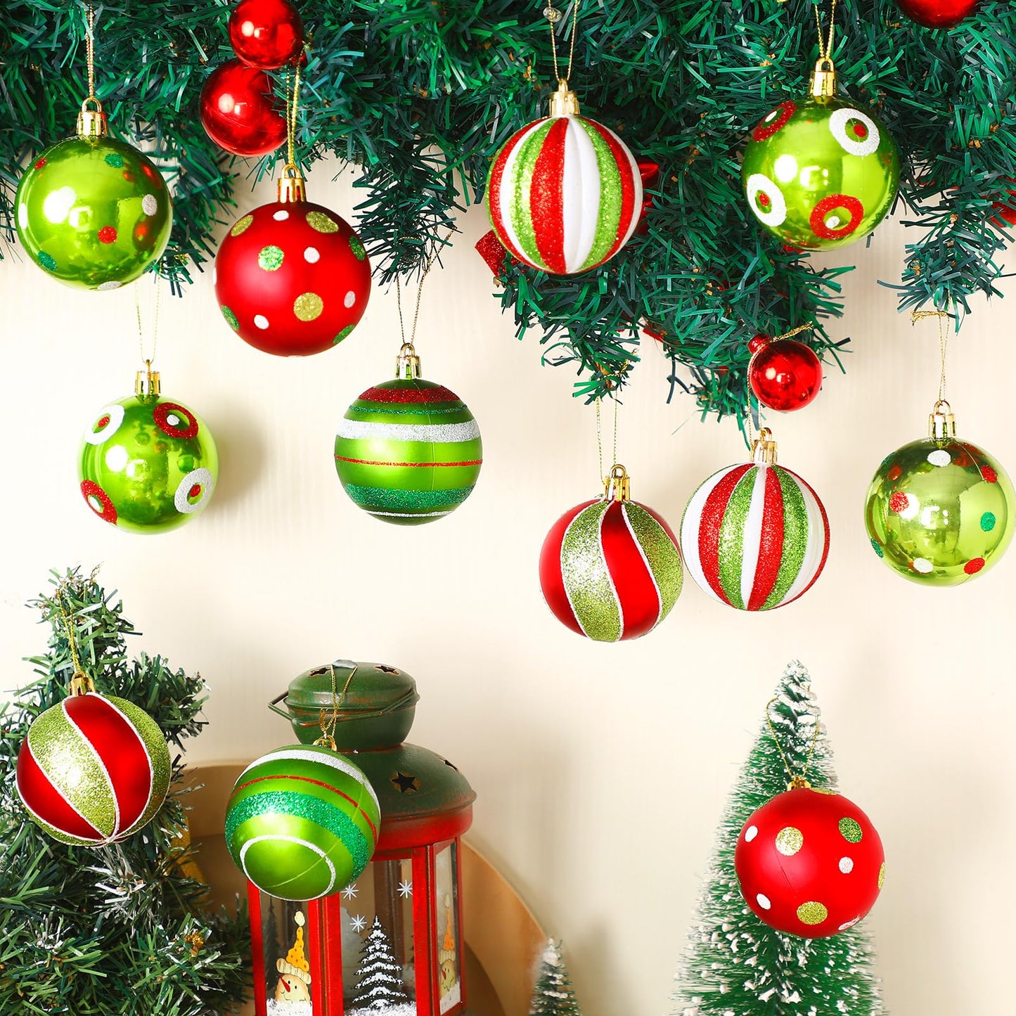 Jetec 12 Pcs Lime Green and Red Christmas Ball Ornaments for Tree 2.4 Inch Polka Dots Stripes Christmas Decorations Shatterproof Peppermint Candy Cane Xmas Baubles for Tree Home Wreath Party Decor