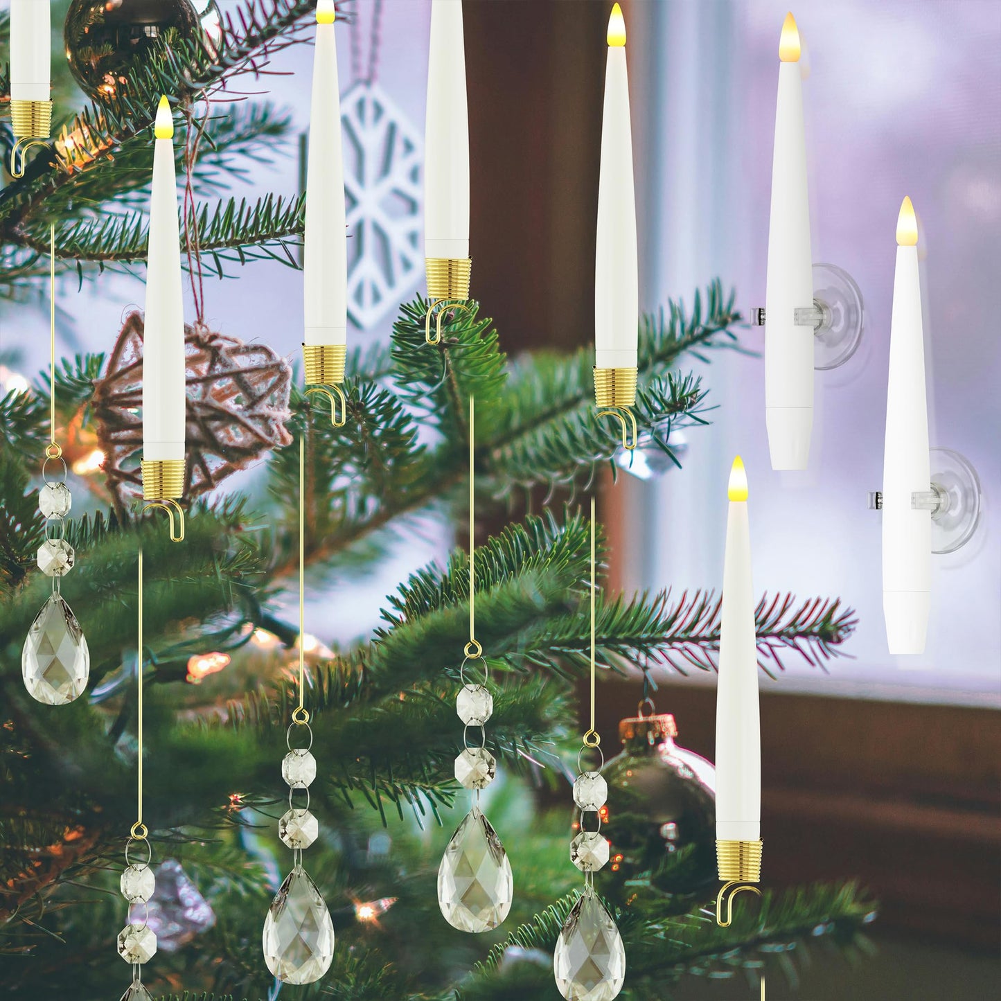 JOIONE Flameless Christmas Tree Candles with Remote, 10 Pack Battery Operated LED Candles with Suction Cup for Christmas Tree, Flickering Flame for Xmas Indoor Decor - Water Drop