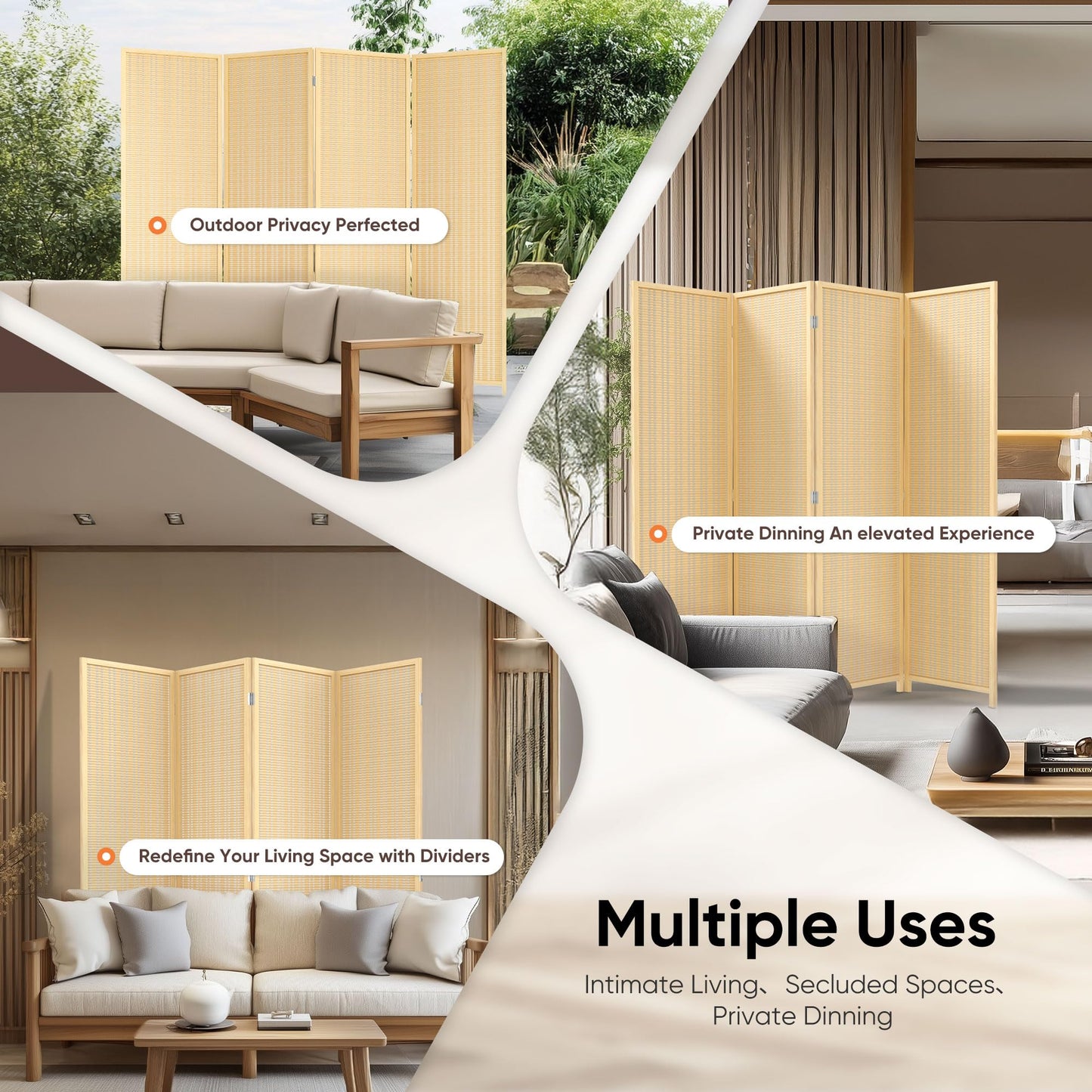 JOSTYLE Room Divider 4 Panel Folding Privacy Screen, Bamboo Room Divider Screen - 6 ft. Tall Wall Divider for Room Separation Freestanding Partition Separators, Beige, 70.9" H x 79.9" W