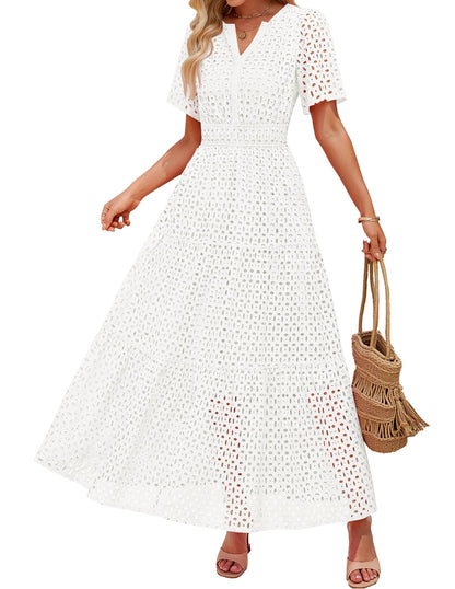 ZESICA Women's 2025 Summer Short Sleeve Maxi Dress Casual V Neck Hollow Out Eyelet Ruffle Swing A Line Long Dresses,White,Small