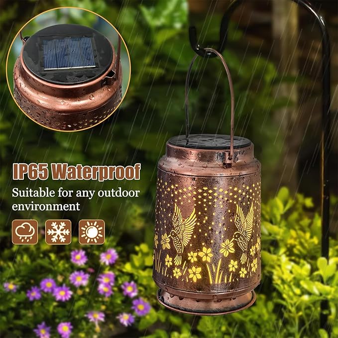 2 Pack Solar Lanterns Outdoor Waterproof Hummingbird Lantern Garden Decor Birthday Gifts for Women Mom Grandma Hanging Solar Lights Metal Decoration for Yard, Patio, Backyard, Porch