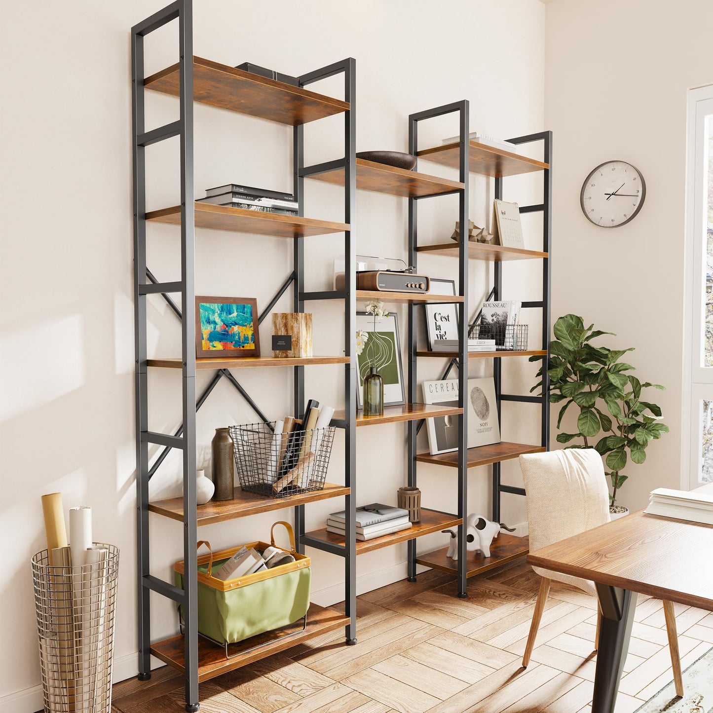 SUPERJARE Triple Bookshelf, Bookcase with 14 Open Display Shelves, Wide Book Shelf Book Case for Home & Office, 5 Tier, Brown