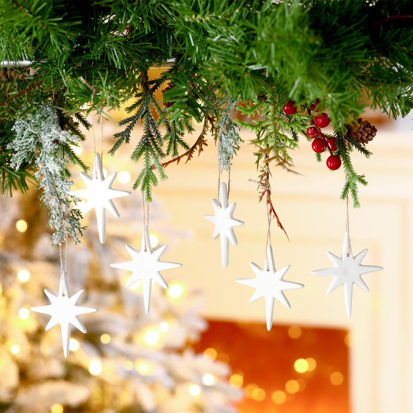 Suncalla 12 Pcs Christmas Bethlehem Star Ornament 1.97 x 3.15 White Star of Bethlehem Decoration Porcelain Ceramics Hanging Nativity Decor Accessories Sublimation Blanks Xmas Tree Topper Ornament