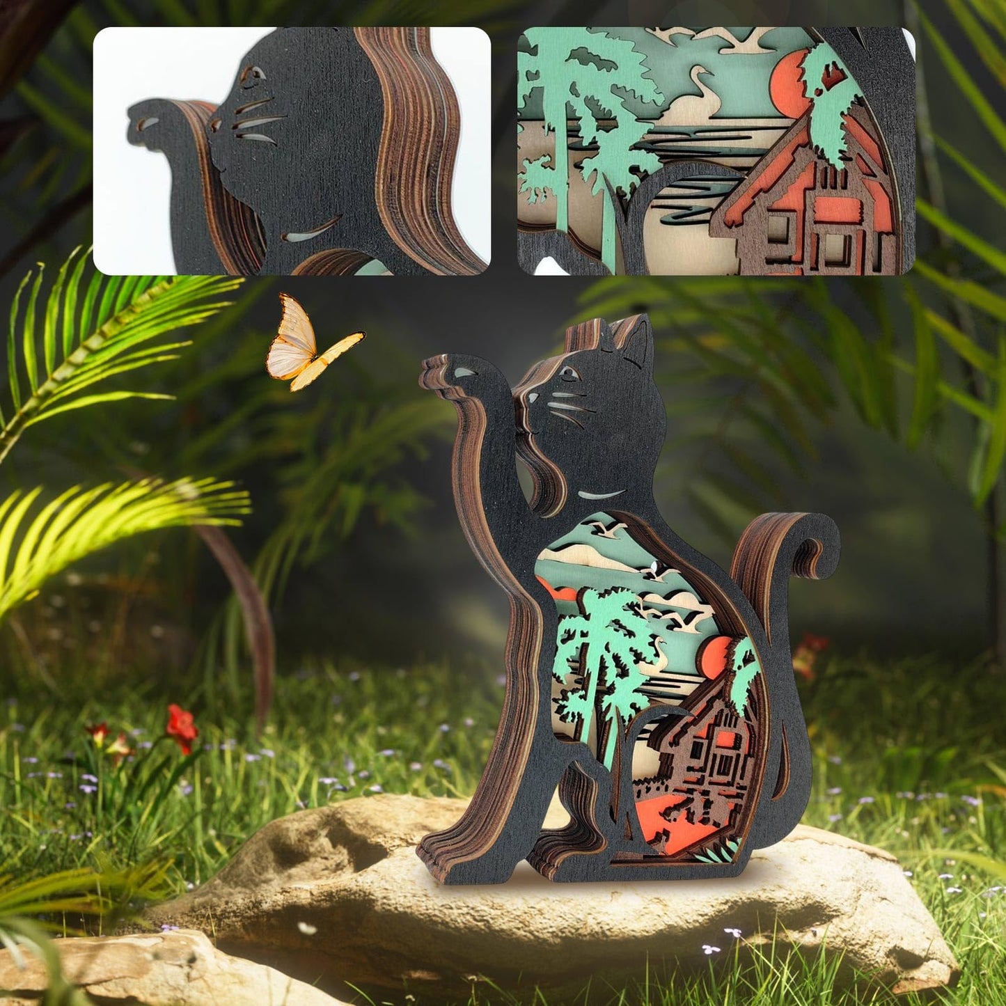 Drawelry 3D Wooden Carving Animals Lamp - Creative Fox Squirrel Wood Carved LED Night Light Garden Yard Wooden Animals Sculpture Ornaments Desktop Home Decor Birthday Gifts for Family Friend (Cat)