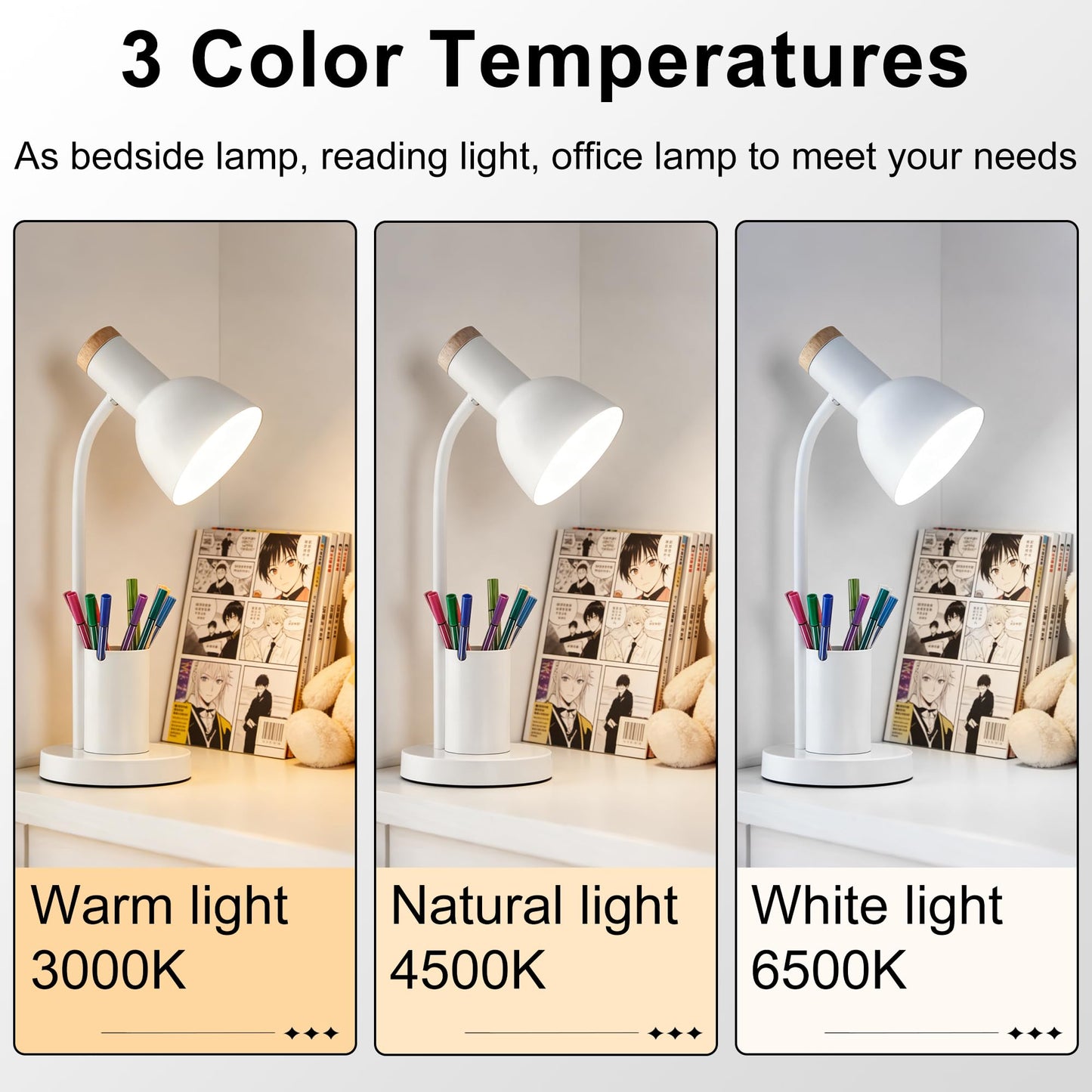 WLHONG LED Desk Lamp, Table Lamps with Pen Holder, 3 Color Modes Eye-Caring Reading Light with Flexible Gooseneck, Study Lamp for Kids Bedside Home Office Room College Dorm Essentials (White)