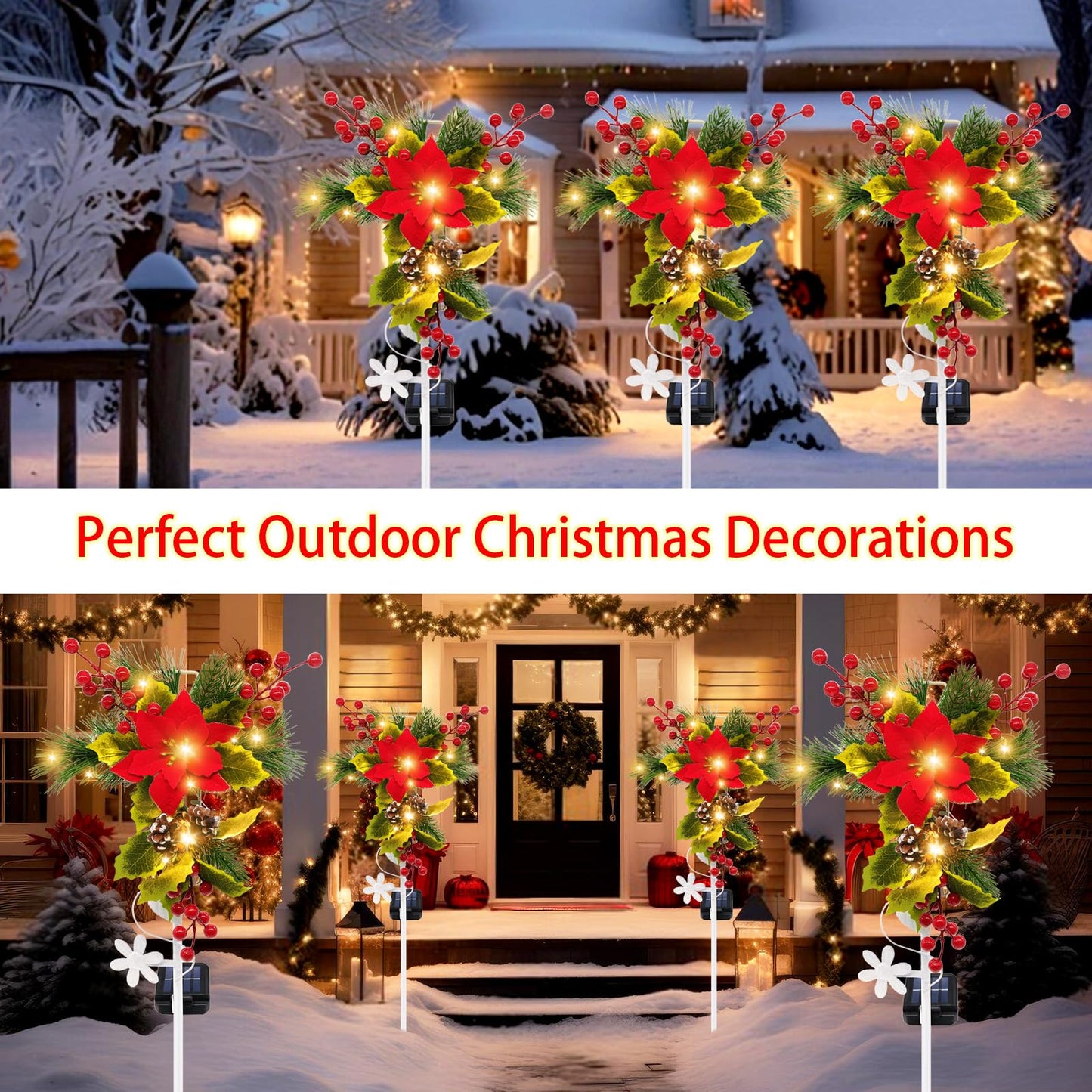 2 Pack Solar Christmas Decorations Outdoor, 32 Inch Solar Christmas Cross Stake Lights, Waterproof Grave Decorations with Poinsettia Flower Pinecones Red Berries for Garden Yard Patio Lawn Cemetery