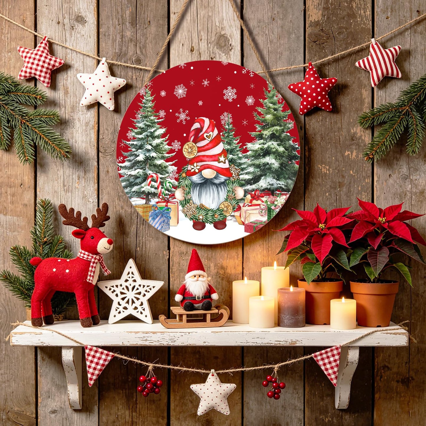 Christmas Gnome Welcome Sign - Merry Christmas Door Hanger, 12'x12' Wooden Hanging Sign for Front Door, Porch Decor, Winter Wreath