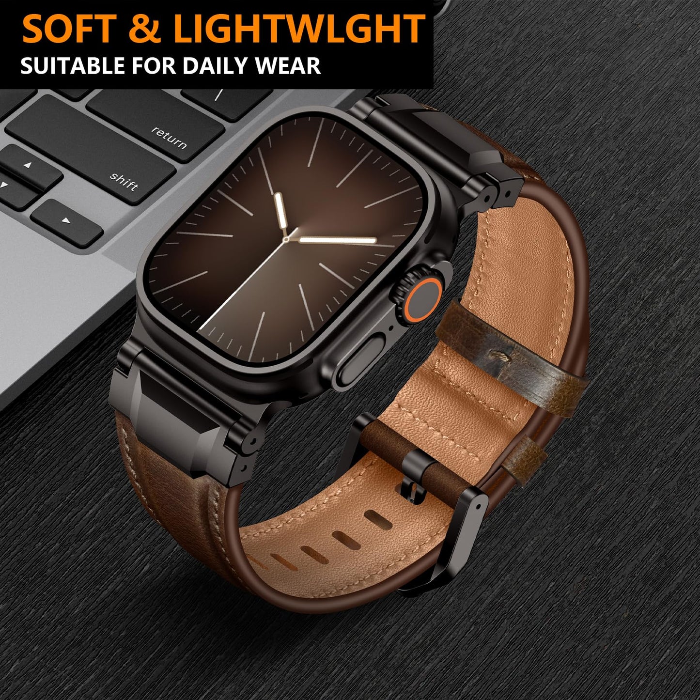 LOIRNBR Leather Bands Compatible with Apple Watch Ultra 3/2/1 Band 49mm 46mm 45mm 44mm 42mm, Genuine Leather Metal Connector Strap for iWatch Ultra Series 11/10/9/8/7/SE/6/5/4/3/2/1, Dark Brown/Black
