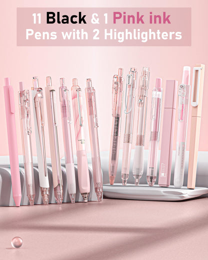Four Candies Writing Ink Pens with Black & Pink Ink and 2Pack Highlighter, Cute Retractable 0.5mm Smooth Writing Pens,Pink Pens for School, Office Girly Stationery Aesthetic Desk Accessories Set of 14