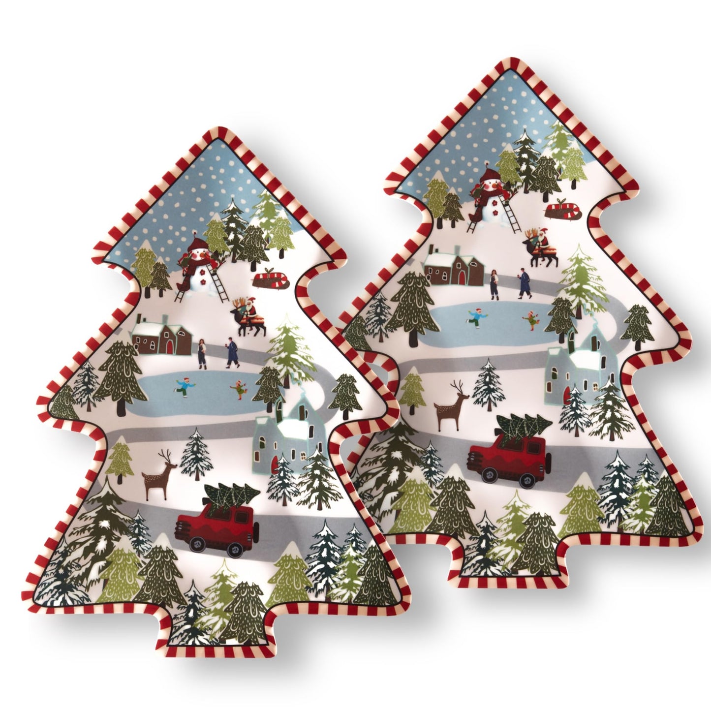Viynran Christmas Tree Melamine Tray - Santa & Snowman Pattern | Ideal for Holiday Treats, Candy, and Feasts | Festive Tableware for Christmas Parties (2 Pcs), 31009CTPO02