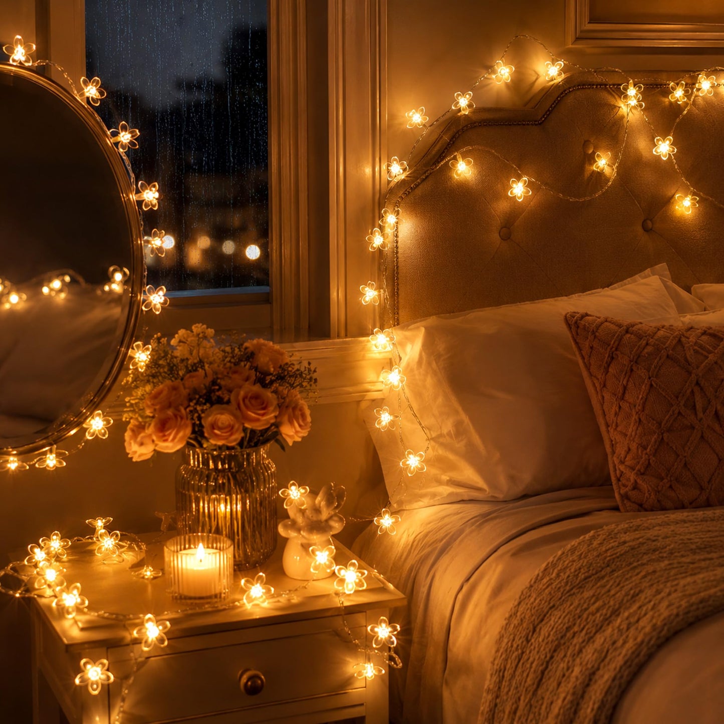 Indoor Plug in Decorative Fairy Flower String Lights, 33ft 100 LED Twinkle Cherry Blossom Floral Lamp for Bedroom Window Wall Ceiling Tree Hanging, Christmas Easter Birthday Decor (Warm White)