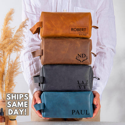 Personalized Leather Toiletry Bag for Men – Custom Shaving Dopp Kit with Name or Initial, Travel Gift for Groomsmen, Husband, Dad, Boyfriend, Birthday, Anniversary, Valentines Day Gifts for Men, Him