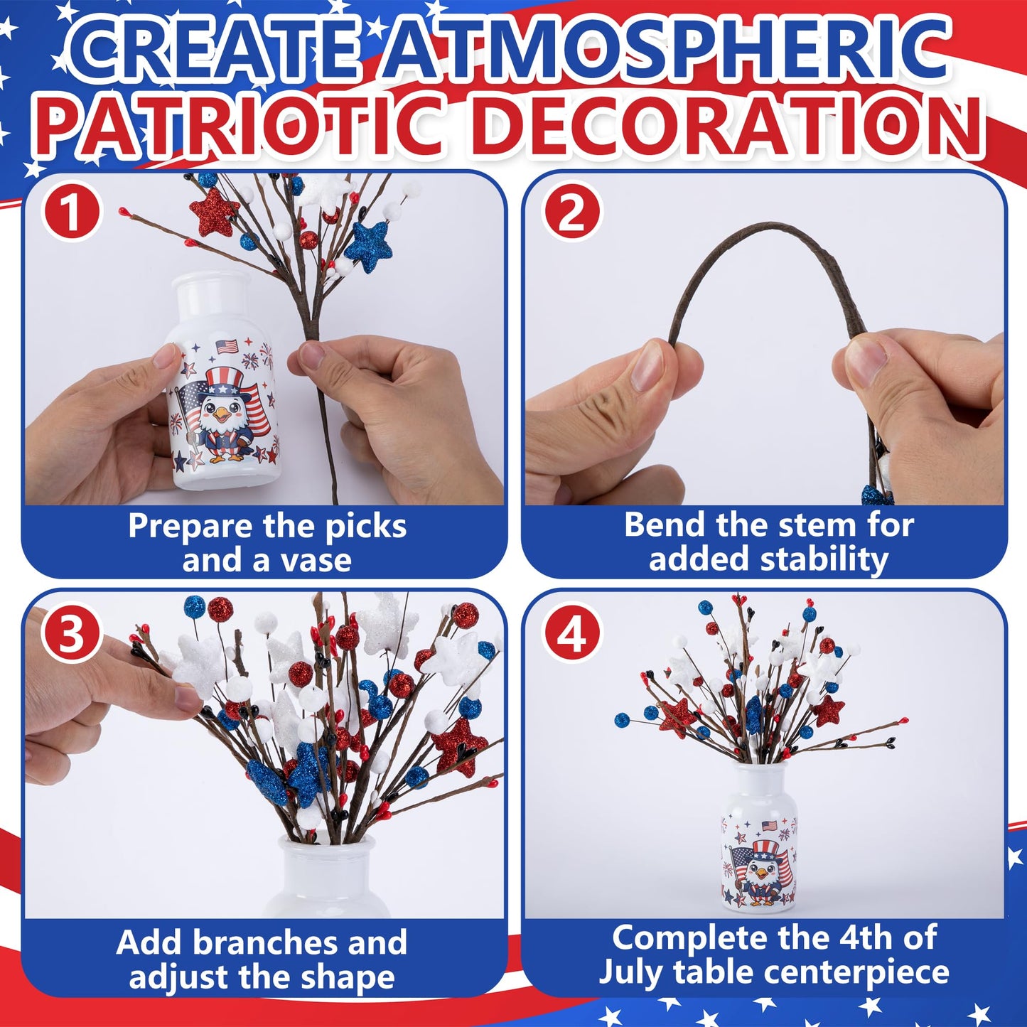 Watayo 2 Set Patriotic Artificial Flower Stems with Glass Vase, 4th of July Artificial Berry Stem Picks, Faux Red White Blue Branches Table Centerpiece for Independence Memorial Day Home Decor
