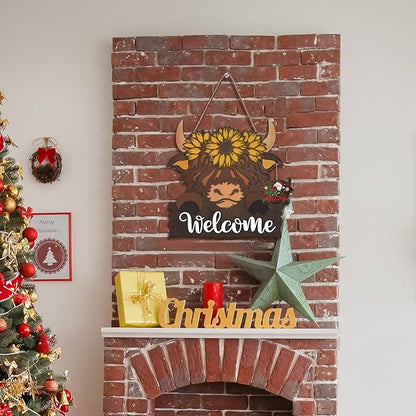 Highland Cow Front Door Decorations - Interchangeable Welcome Sign for Front Door with 15 Set Changeable Icons for Seasons Holiday Thanksgiving Christmas Door Decor