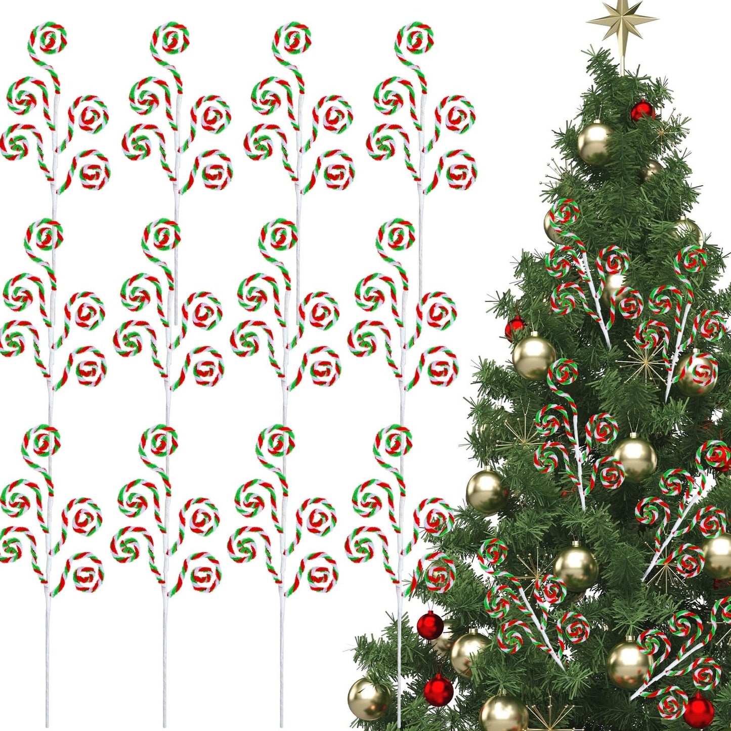 Gerrii 12 Pcs Red Green White Candy Cane Christmas Decoration 16" Tree Pick Peppermint Christmas Ornament Xmas Tree Topper Woolen Curly Lollipop Pick Spray for Holiday Party Vase Wreath Garland