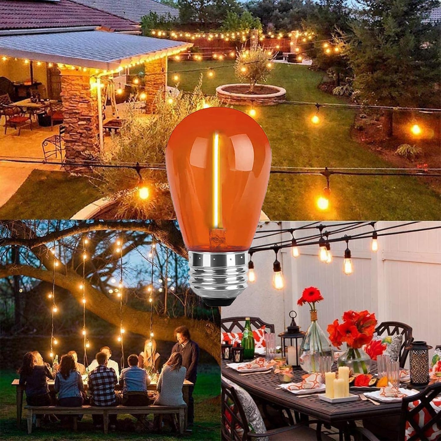 Minsily 15 Pack S14 LED Light Bulb Orange Christmas Replacement Bulbs 1W S14 Led String Light Plastic Shatterproof Edison Bulb E26 Base Decorative Bulb for Outdoor Home Patio Halloween Christmas Decor