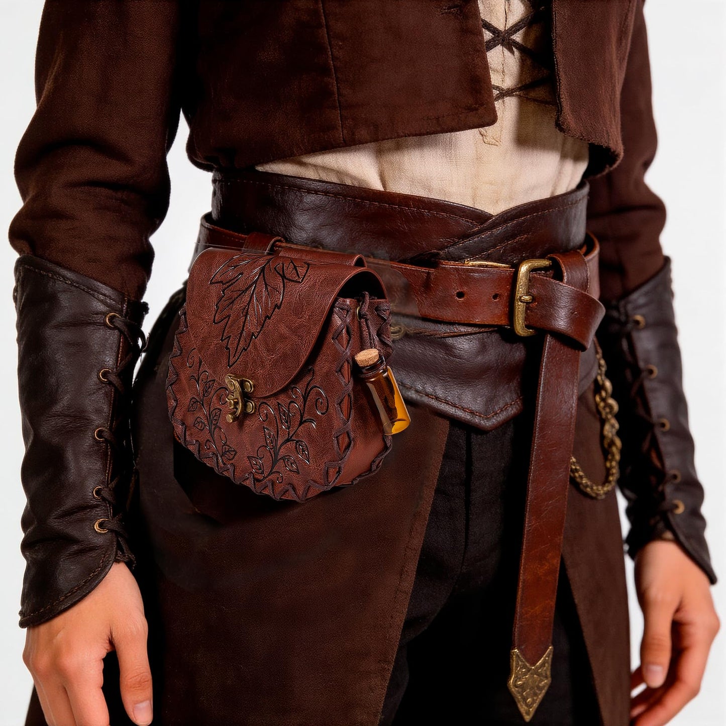 Retro Belt Pouch Medieval Retro Faux Leather Renaissance Costume Forest Elf Leaf Belt Bag Ren Faire Casual Waist Bag (Brown)