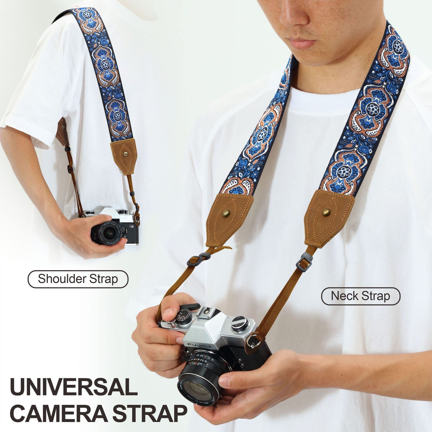 Padwa Lifestyle Camera Strap - 2" Wide Crazy Horse Art Cowhide Head,Vintage Jacquard Embroidery Camera Straps for Photographers Gift, Adjustable Shoulder Neck Strap Fits DSLR Cameras(Elegant Blue)