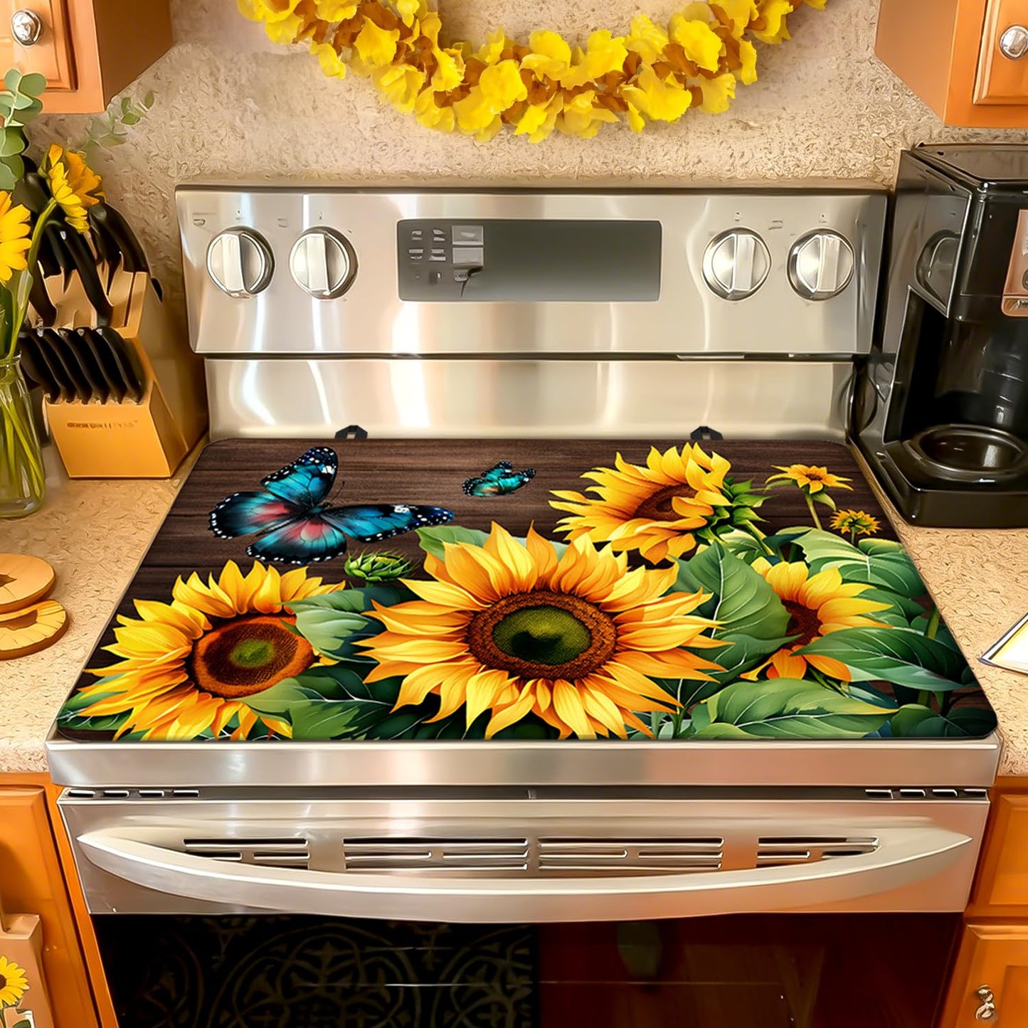 Sunflower Stove Top Cover for Electric Stove, Blue Butterfly Range Covers, Yellow Flower Range Top Mats, Spring Summer Cooktop Cover 28x20 inch, Glass Cooktop Covers for Kitchen Holiday Home Decor