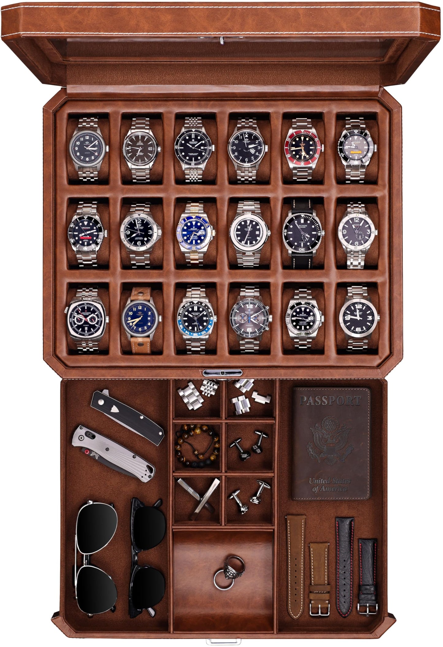 ROTHWELL 18-Slot Watch Case with Drawer – Luxury Watch Box for Men, Real Glass Top, Lockable, Display Case for Collections (Tan/Brown)
