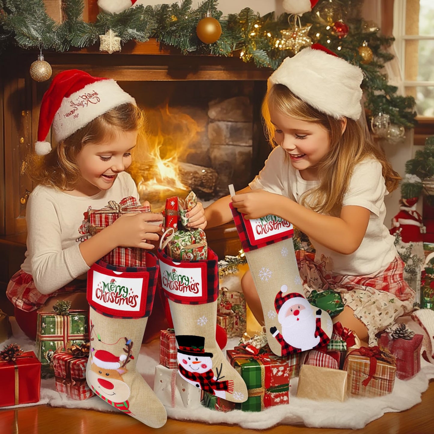 DeckTheHalls Christmas Stockings, 3 PCS Personalized Christmas Stocking, 19” Large Holiday & Family Stocking for Christmas Tree Decoration | Fireplace Party Decoration