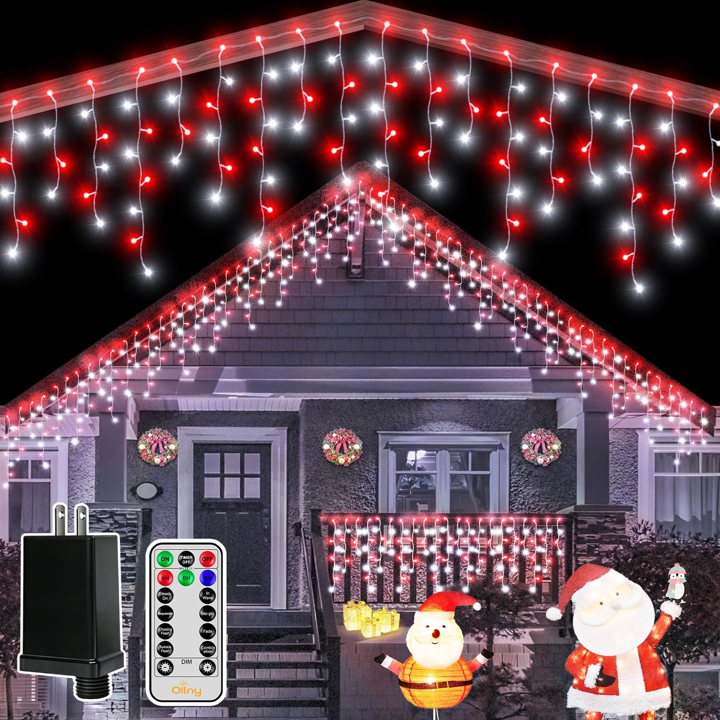 Ollny Icicle Lights for Outside 504LED 41FT, Red and White Christmas Light with Remote 8Modes Timers Waterproof, Plug in Connectable Hanging Lights for Outdoor Indoor House Roof Holiday