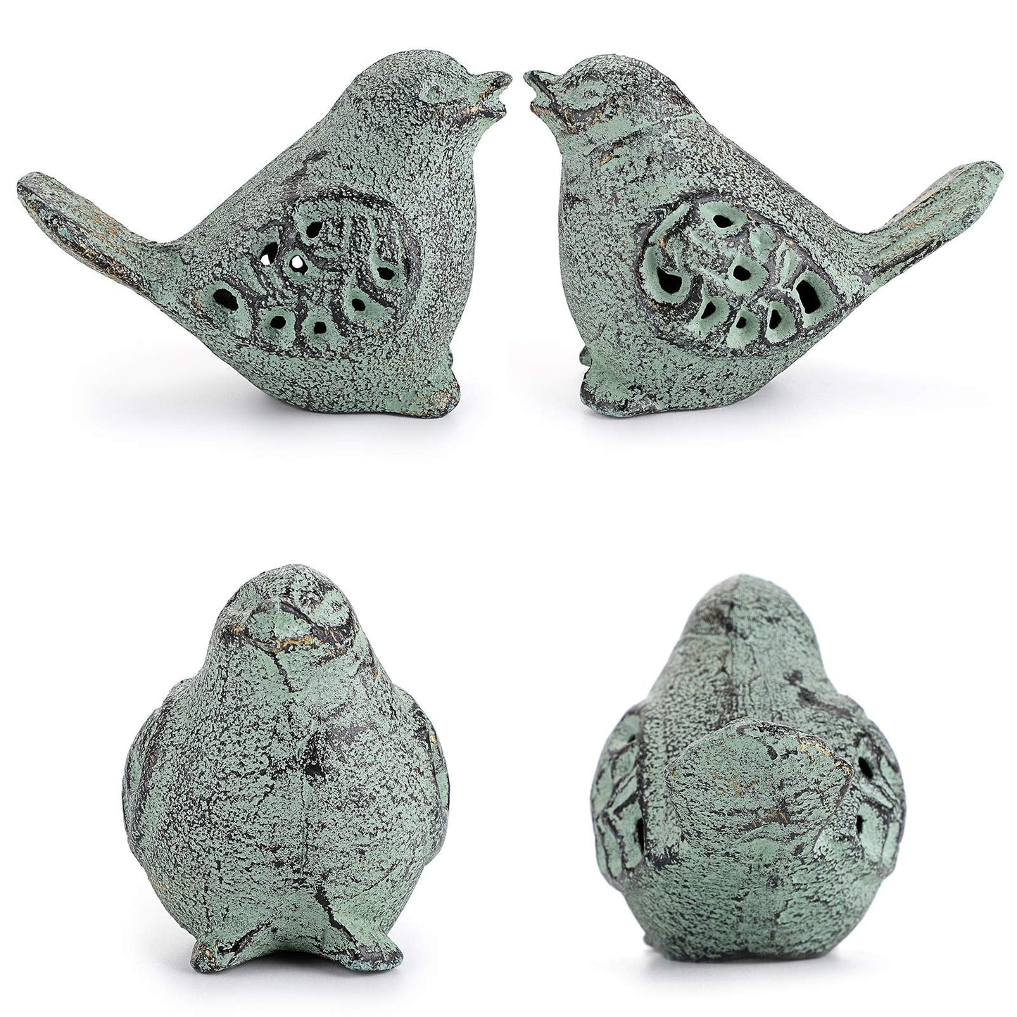 OwnMy 2PCS Cast Iron Green Bird Sculptures - Outdoor & Indoor Small Birds Statues, Hollow Carved Bird Figurines Ornaments Decorative Animal Figurines for Garden Patio Home Decors