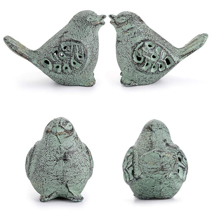 OwnMy 2PCS Cast Iron Green Bird Sculptures - Outdoor & Indoor Small Birds Statues, Hollow Carved Bird Figurines Ornaments Decorative Animal Figurines for Garden Patio Home Decors