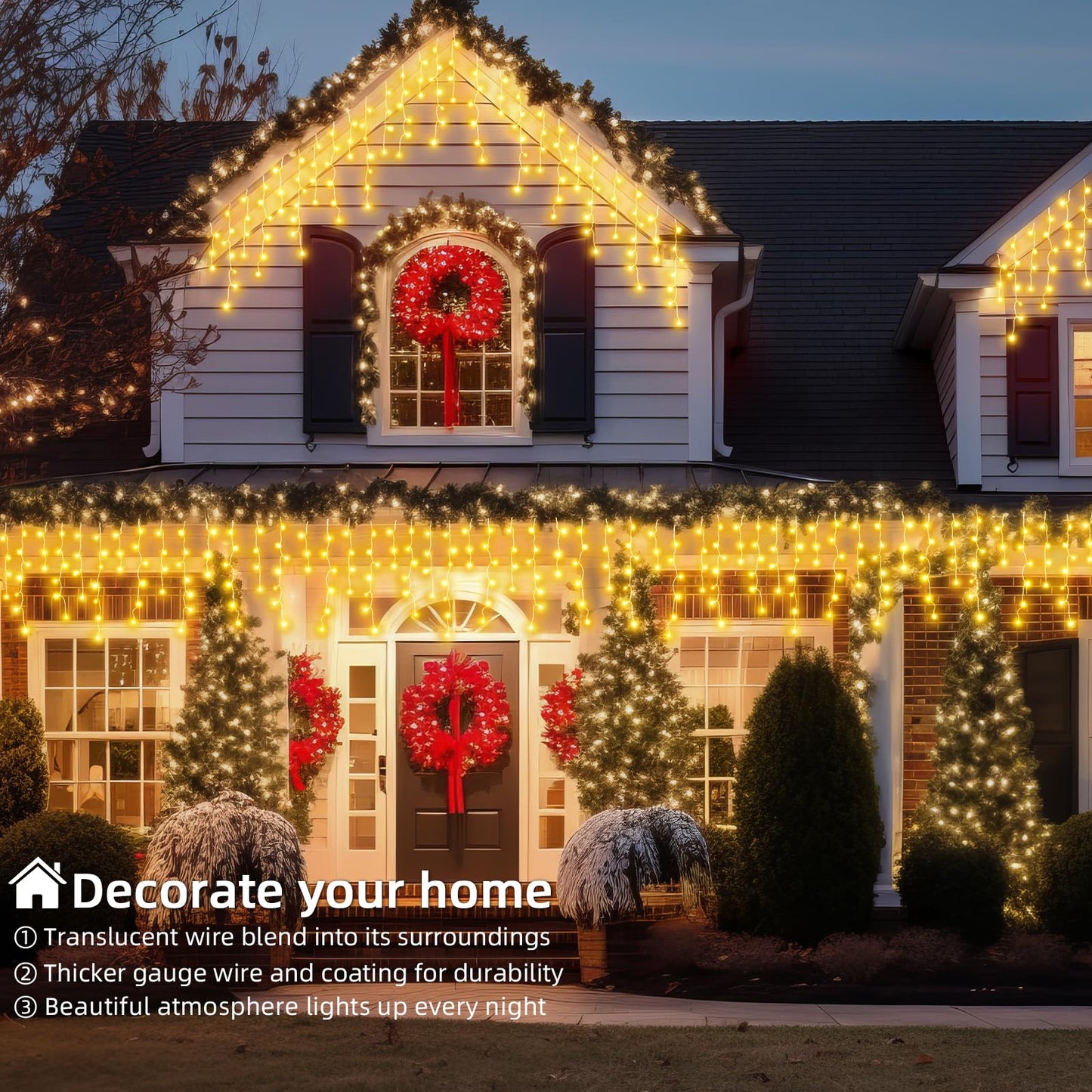 BYIZO Christmas Outdoor Icicle Lights - 200 LED 21+16 FT 8 Modes Curtain Fairy String Light Plug in, Waterproof for Eaves Yard Holiday Xmas Holiday Indoor Outdoor Decoration - Warm White