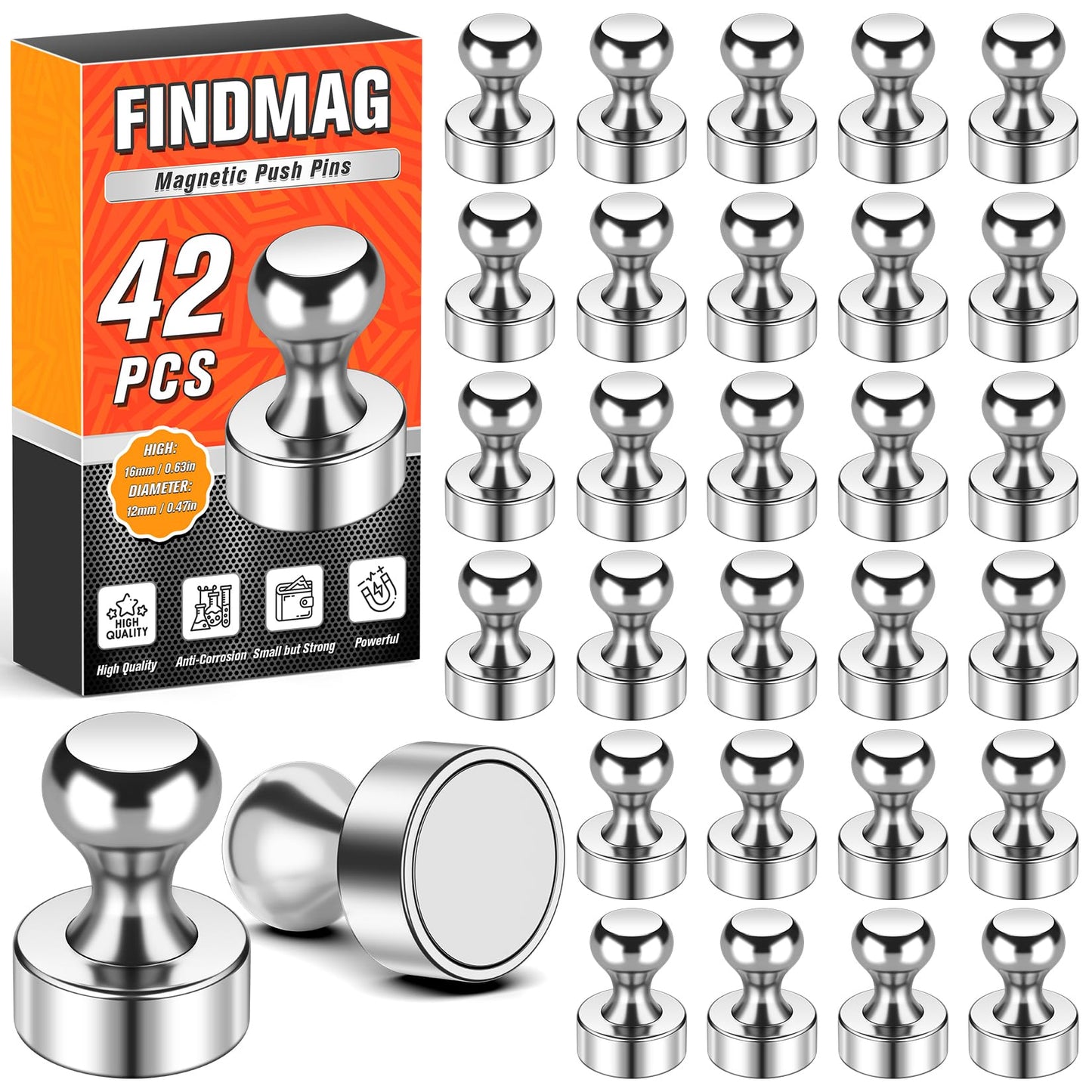 FINDMAG Fridge Magnets, Strong Neodymium Magnets Refrigerator, Heavy Duty Locker Magnet for Adults, Cool Push Pins Magnet for Kitchen, Office, Whiteboard, Classroom Organization, 42 Pack (Silver)