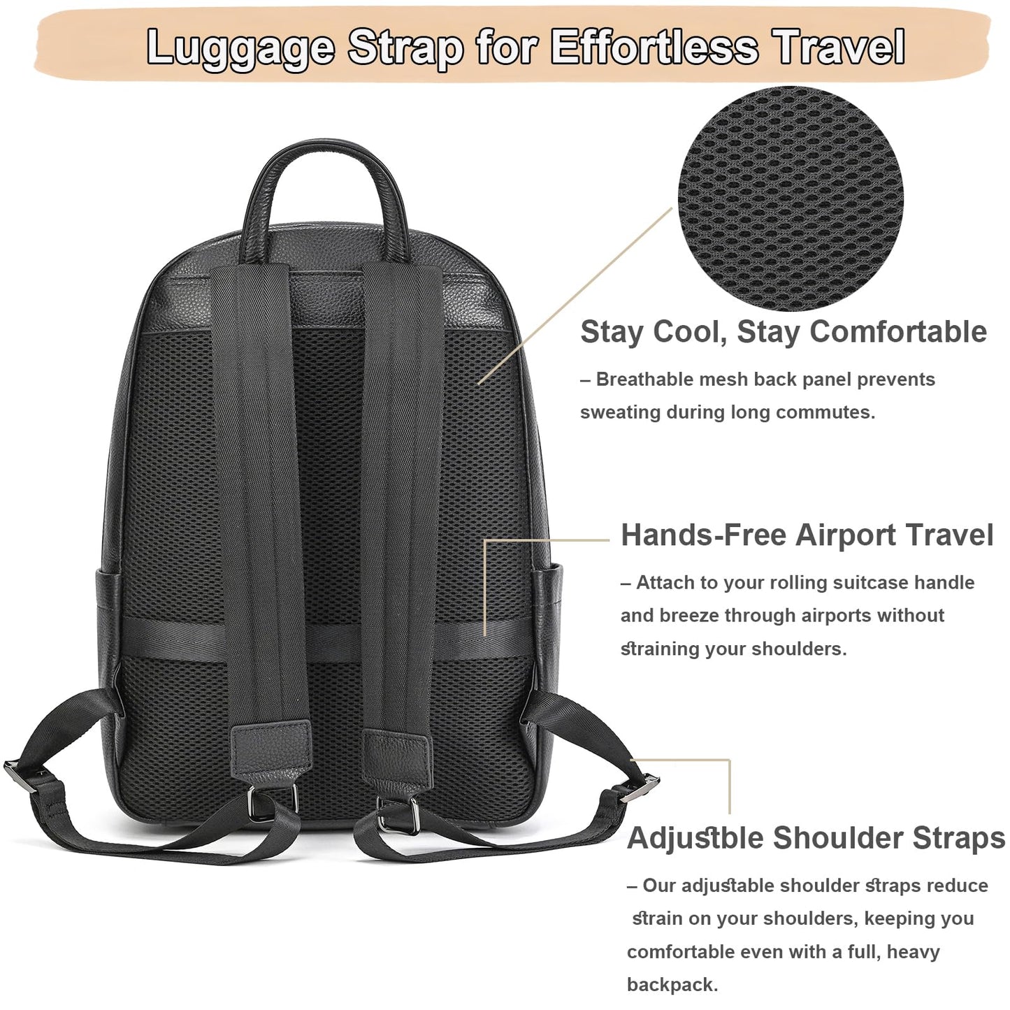 Yevabo Genuine Leather 15.6 Inch Laptop Backpack for Men, Multi Pocket Casual Daypack Shoulder Bag for Business Travel Outdoor, Black