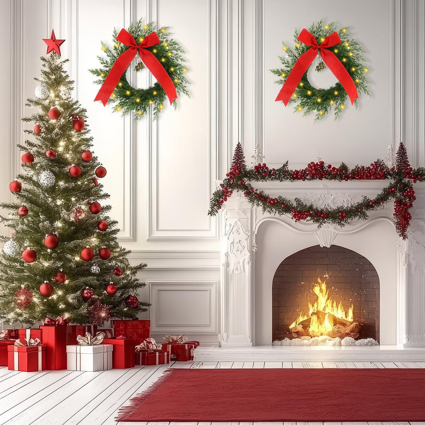 2 Pcs 20 Inch Pre-lit Christmas Cedar Wreaths with Bow Bells Artificial Norfolk Pine Lighted Xmas LED Christmas Swags Wreath for Indoor Outdoor Windows Porch Wall Home Decor