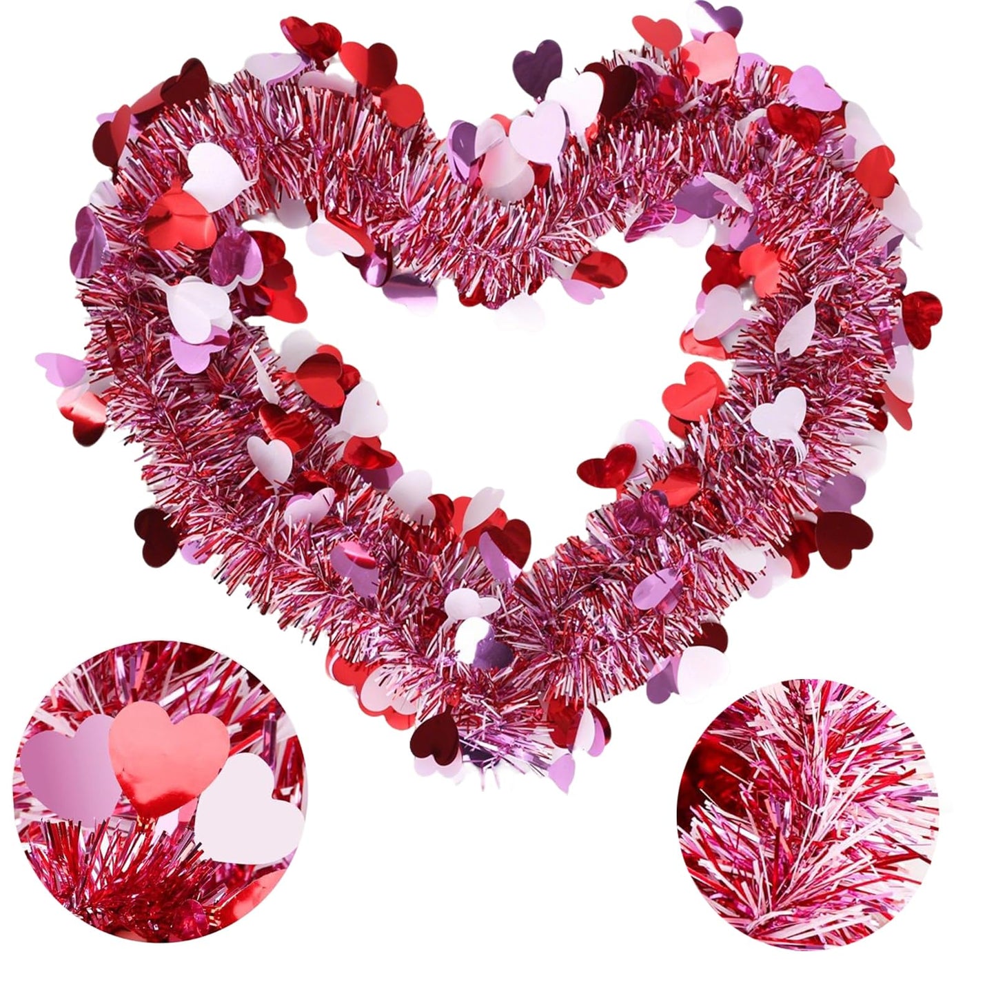 Valentines Day Garland with Hearts, 50 Ft Pink Red Glitter Tinsel Garland for Wedding Party Decorations, Metallic Hanging Decor for Home Indoor Outdoor, Mantel Table