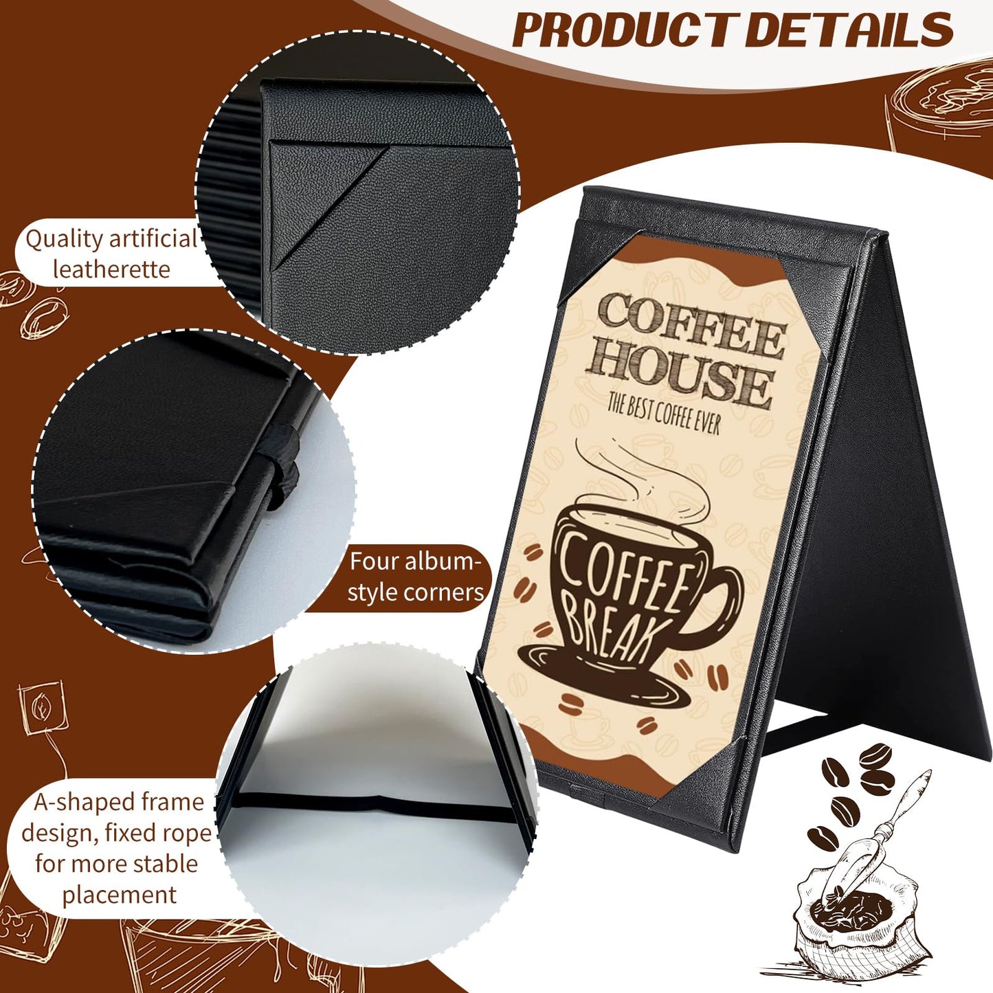 LAIAMER 9 Pack Leatherette Table Tents Black PU Leather Menu Covers Bulk Double Sided A-Frame Sign Holders 2 Side Drink Dessert Menu Folders for Restaurant Coffee Cafe Bar Wedding Supplies