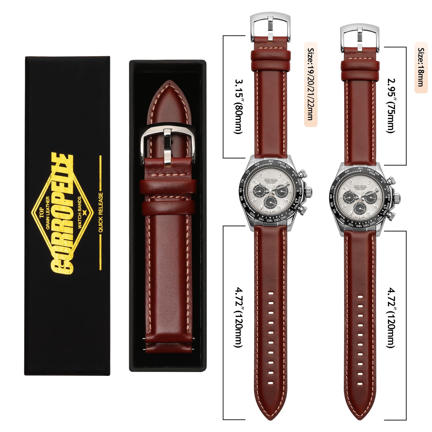 CORROPELLE Leather Watch Bands Quick Release, Elegant Top Grain Leather Watch Straps Band Replacement for Men and Women, Watch and Smartwatch, Choice of Width 18mm 19mm 20mm 21mm 22mm