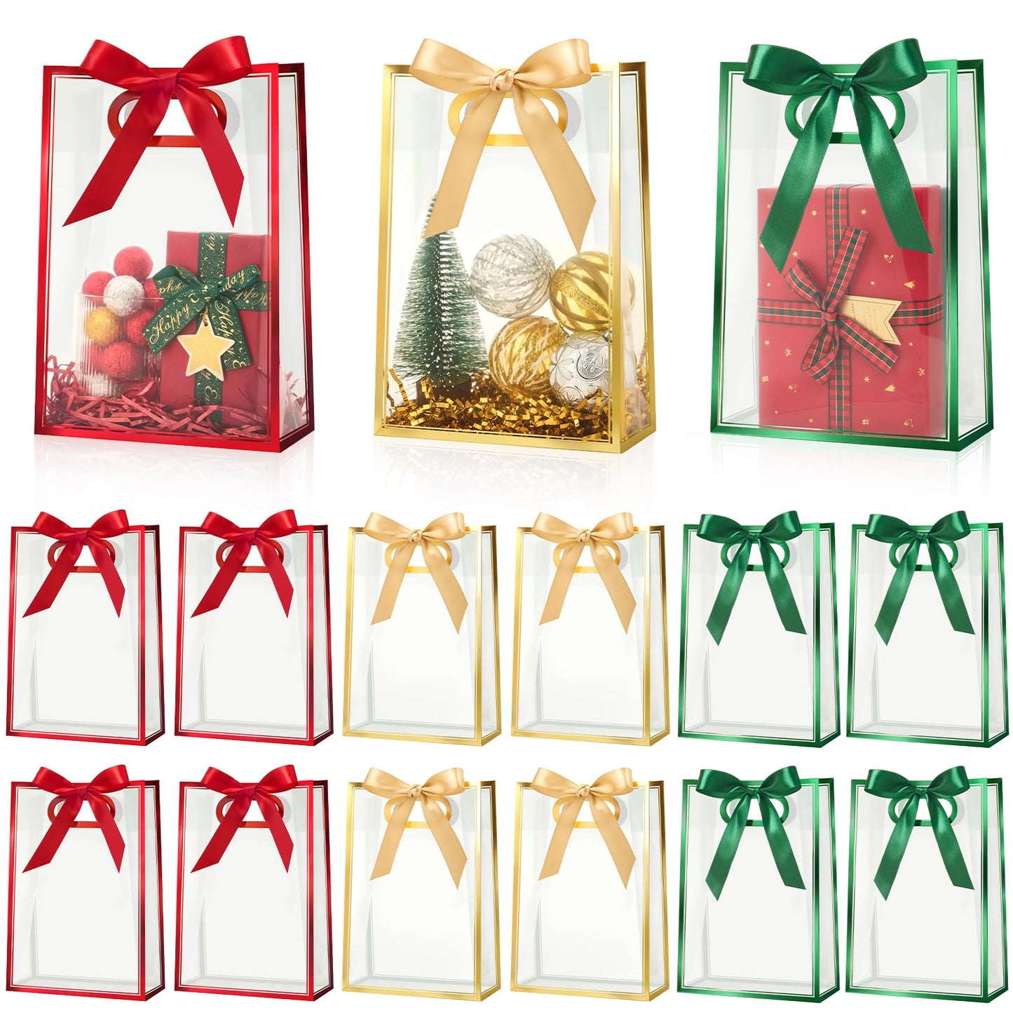 Ohuimrt Christmas Clear Plastic Gift Bags, 12 Pack, 10", Red Green Gold