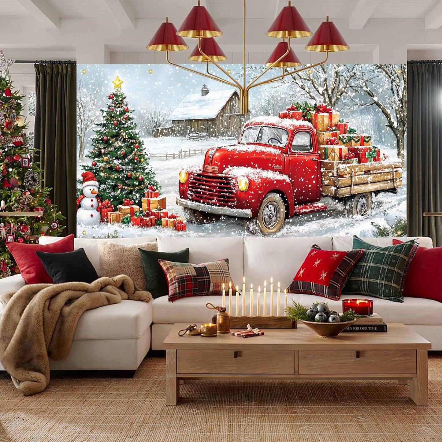 HOMETITUTE Christmas Garage Door Banner 13x6ft Red Truck Christmas Tree Snowman Barn Theme Backdrop Banners for Outside Inside Winter Door Cover Garage Wall Covering for Party Garage Decorations