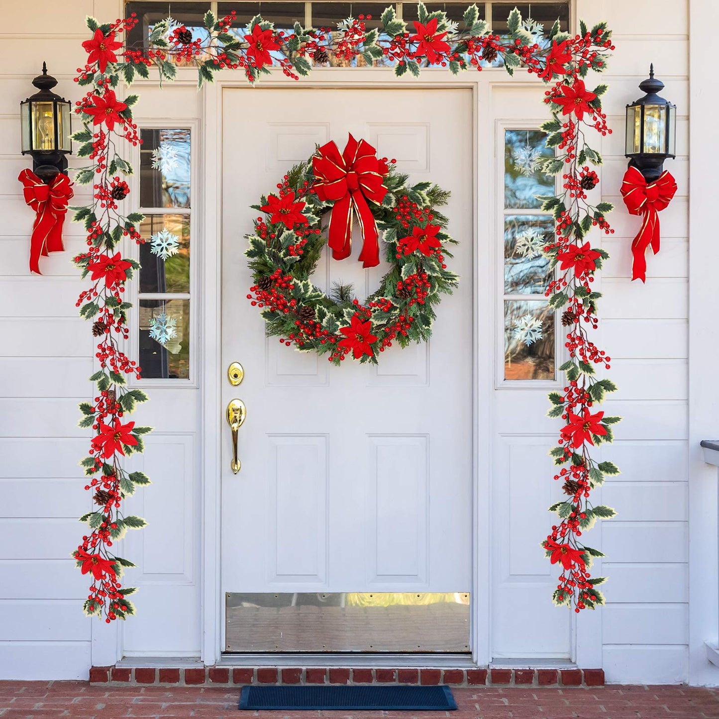 Mocoosy 6.3FT Red Berry Garland with Poinsettia, Artificial Christmas Holly Berry Vine, Winter Berry Christmas Decorations Indoor Outdoor Mantle Fireplace Window Door Hanging Holiday Xmas Home Decor