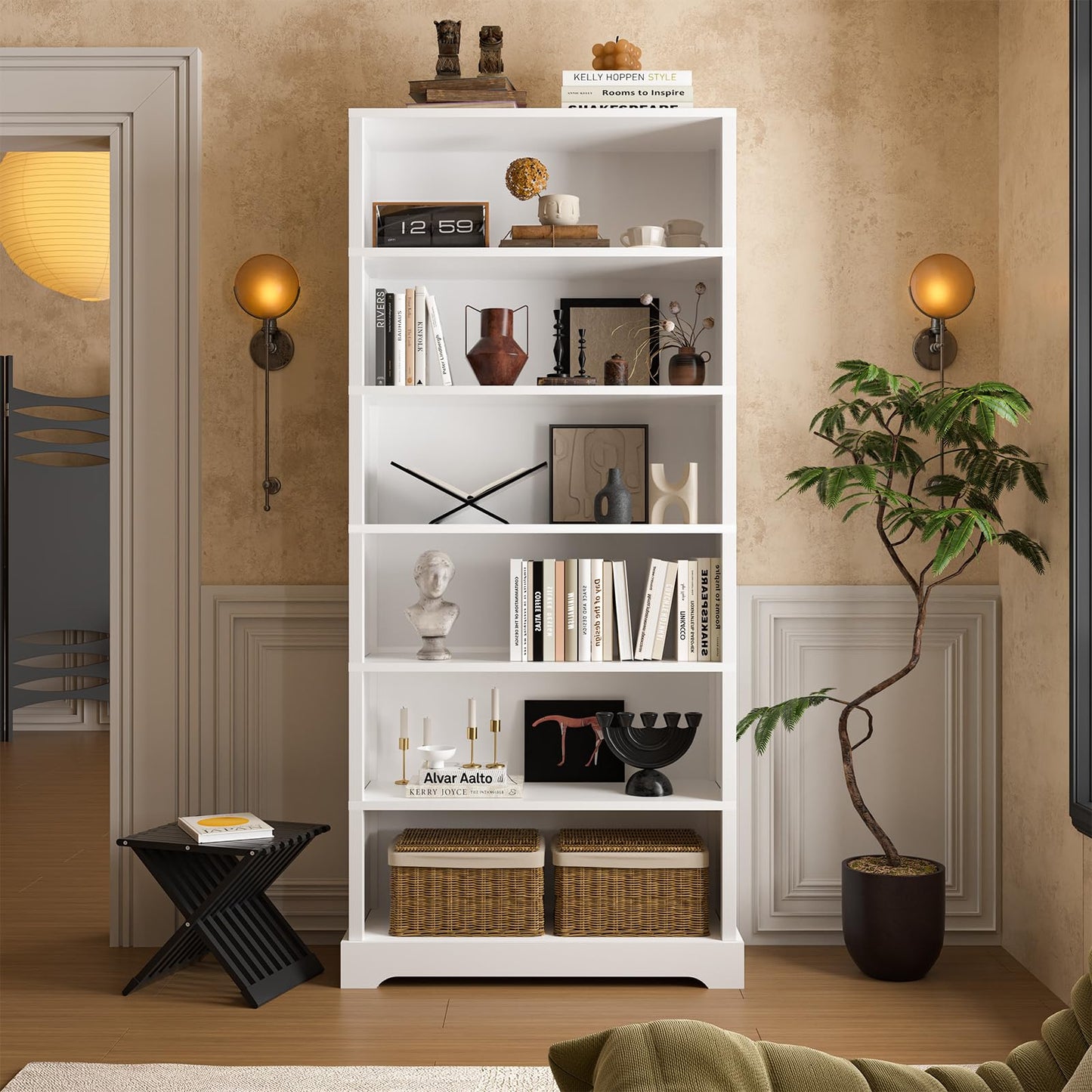 TVU 6-Tier Wooden Bookshelf, 77.2" Tall Farmhouse Style Open Bookcase, 31.5" W Standing Bookshelf with Storage, Suitable for Study, Living Room, Office, White