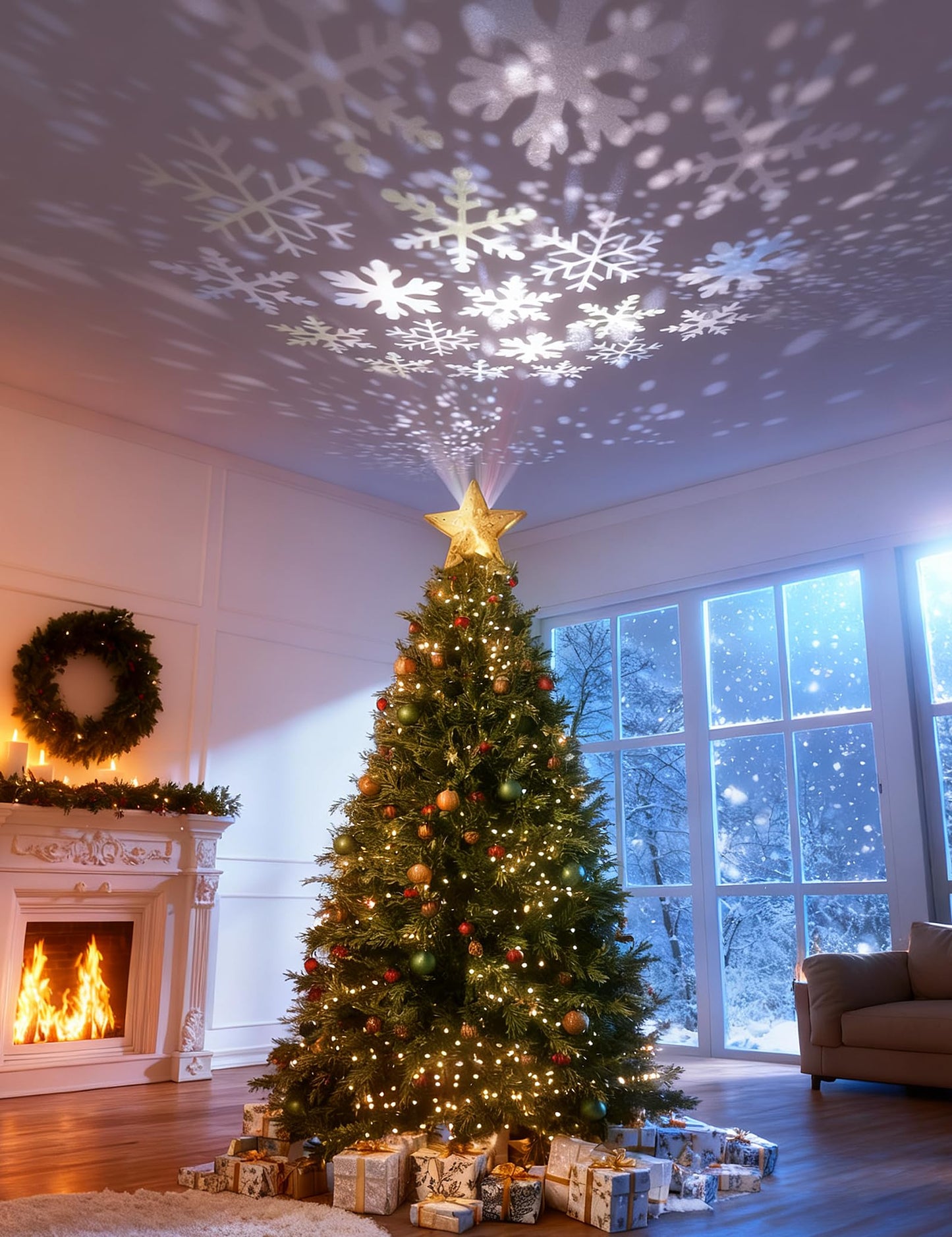 DG-Direct Christmas Tree Topper Lighted Star [Gold],3D Hollow Sparkling Star Christmas Tree Topper with Rotating Magic Cool White Snowflake Projector for Christmas Tree Ornament (Gold)