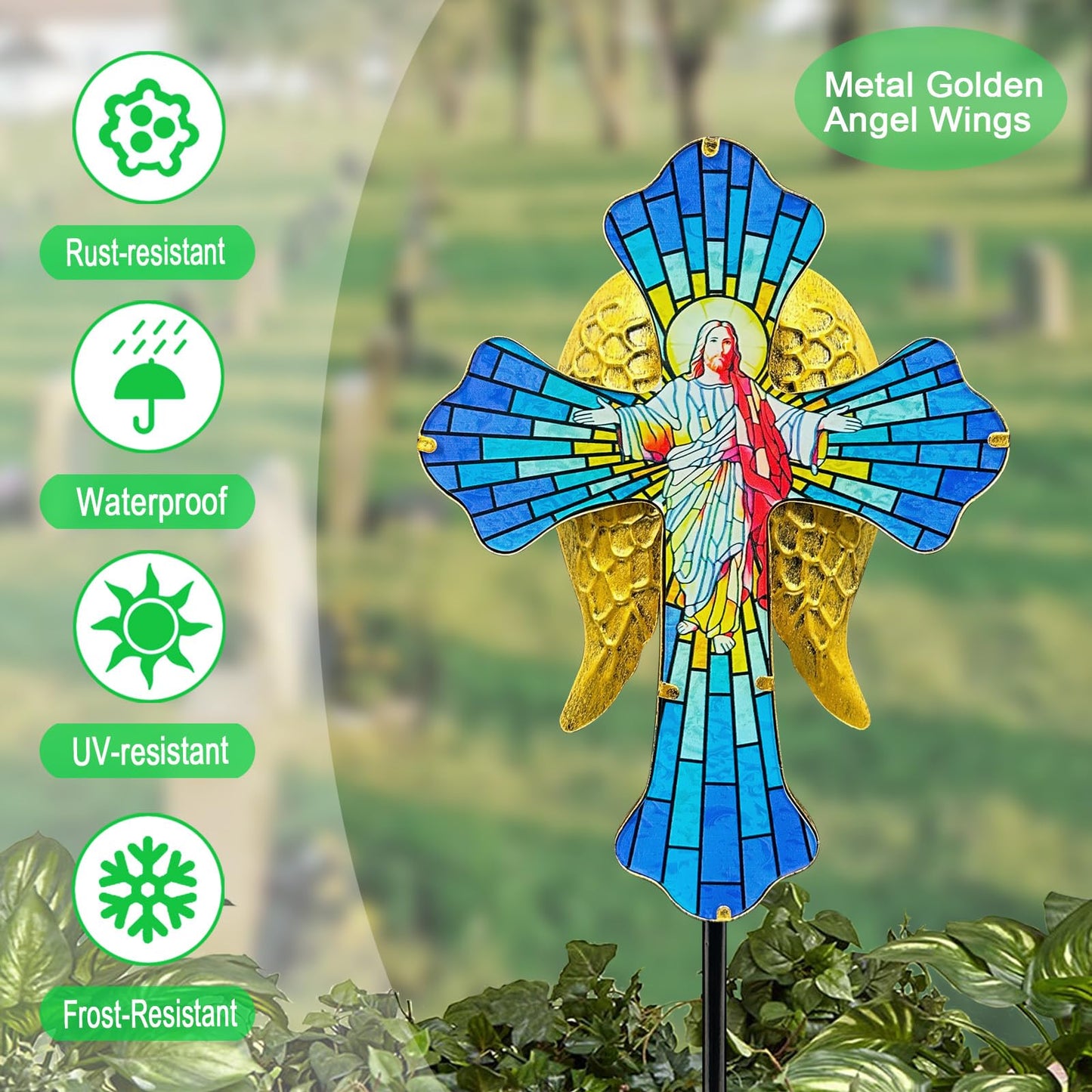 Solar Jesus Cross for Gemetery Graver,Golden Angel Wings,Grave Decorations for Cemetery,Sympathy Memorial Gifts,Christmas Yard Decor Outdoor