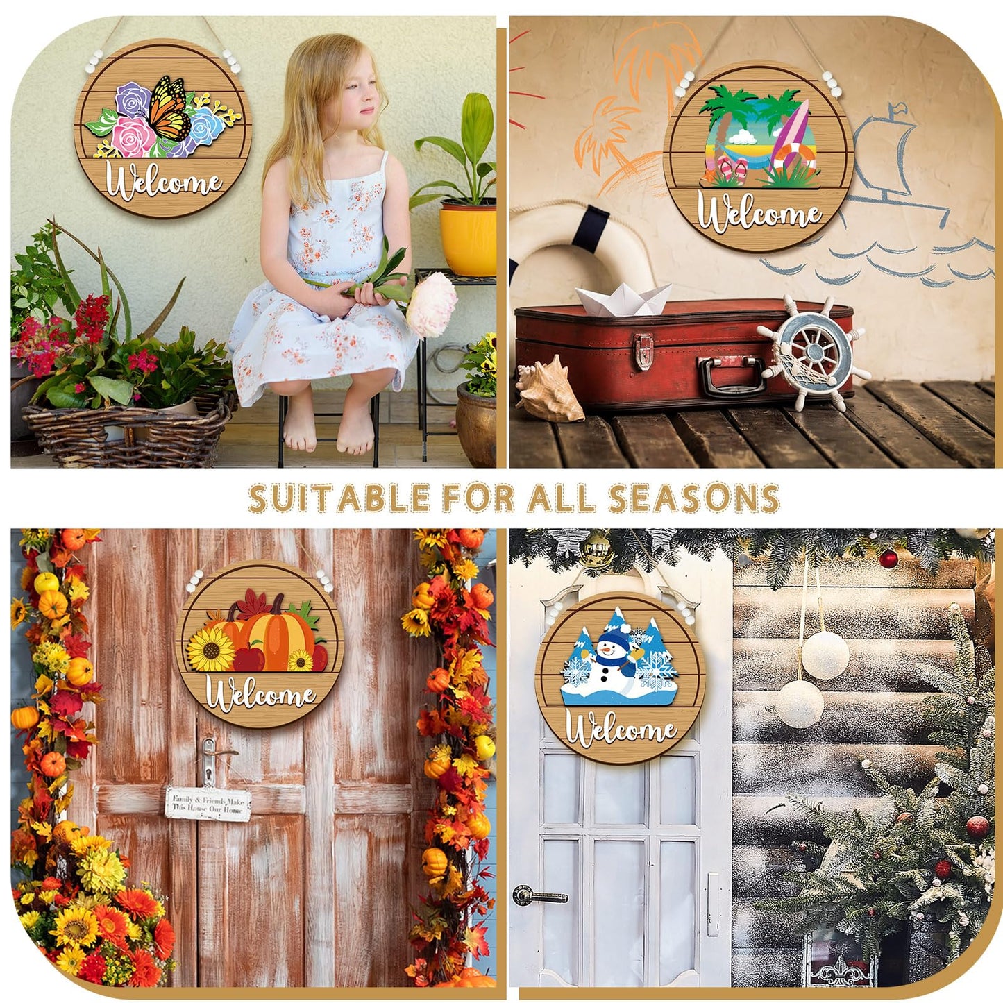 Sintuff 16 Pcs 12 Inch Interchangeable Welcome Sign for Front Door Wood Seasonal Magnetic Icon Holiday Wreath Decor Rustic Hanging Sign for Patriotic Summer Home Warming Gift(White Word, Wood Back)