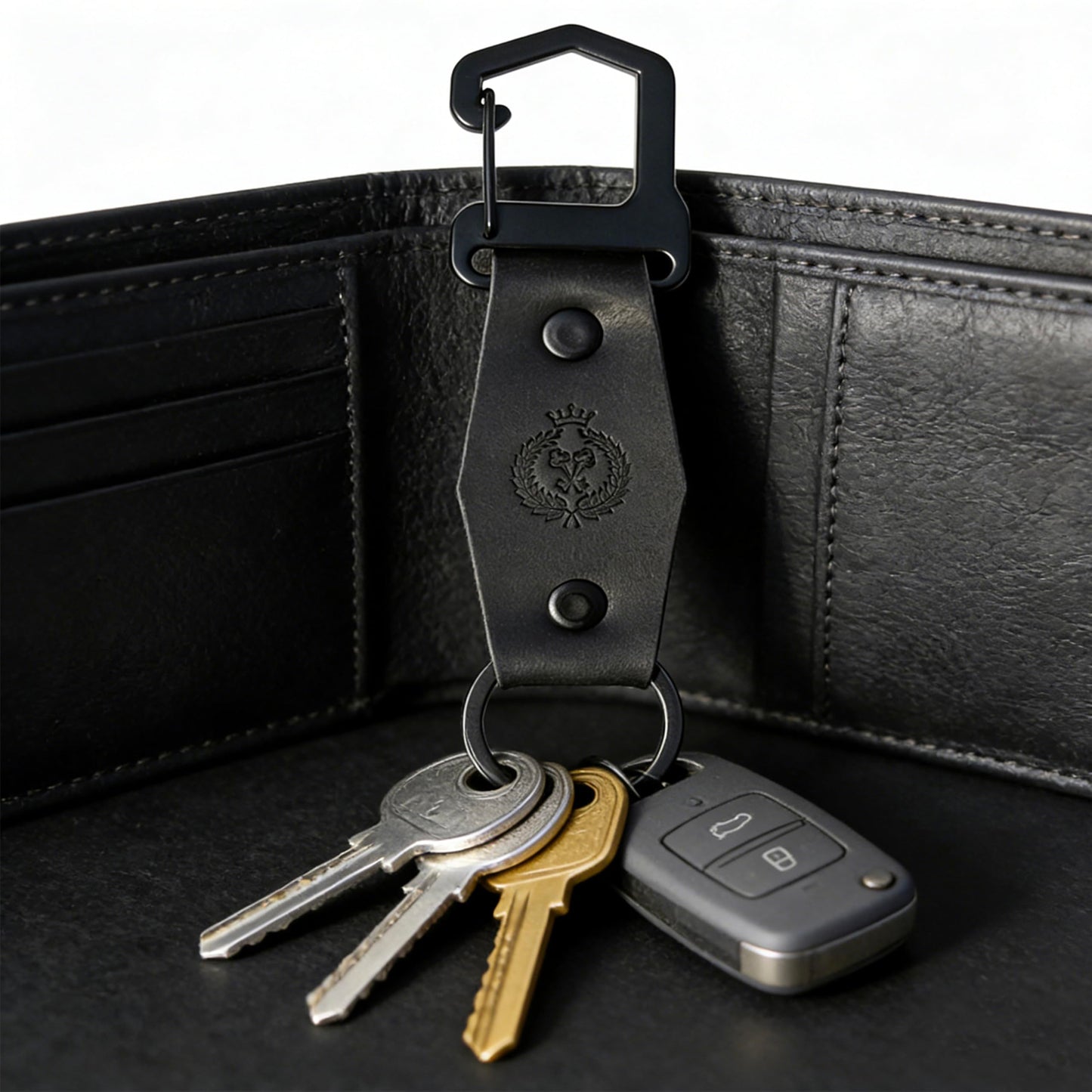 PALEVAN Genuine Leather Keychain Handmade Car Keychain Leather Key Chain Solid Metal Key Keeper Belt Loop Key Ring Holder (Black-Style2)
