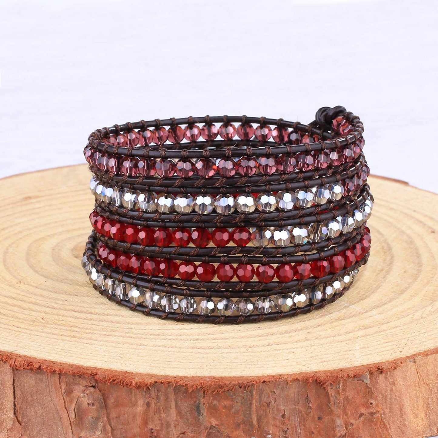 KELITCH Fashion Color Crystal Mix Beaded 5 Wrap Bracelet On Natural Leather Handmade New Women Jewelry (Red Crystal)
